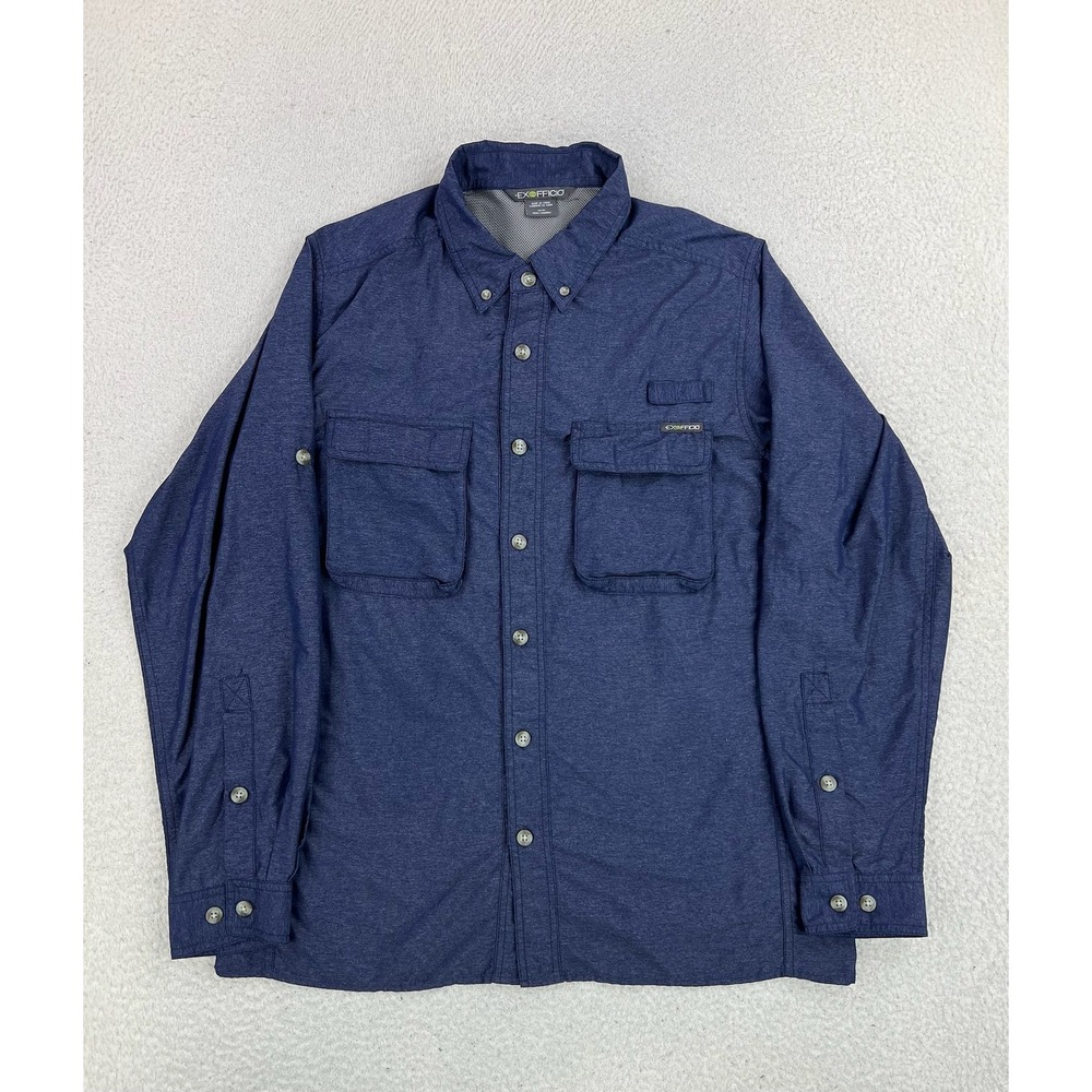 ExOfficio Shirt Mens Medium Blue Nylon Vented Long Sleeve Button Up Outdoor